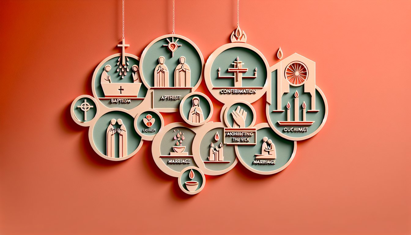Paper art illustration showing 7 Catholic sacrament icons and quiz title on coral background