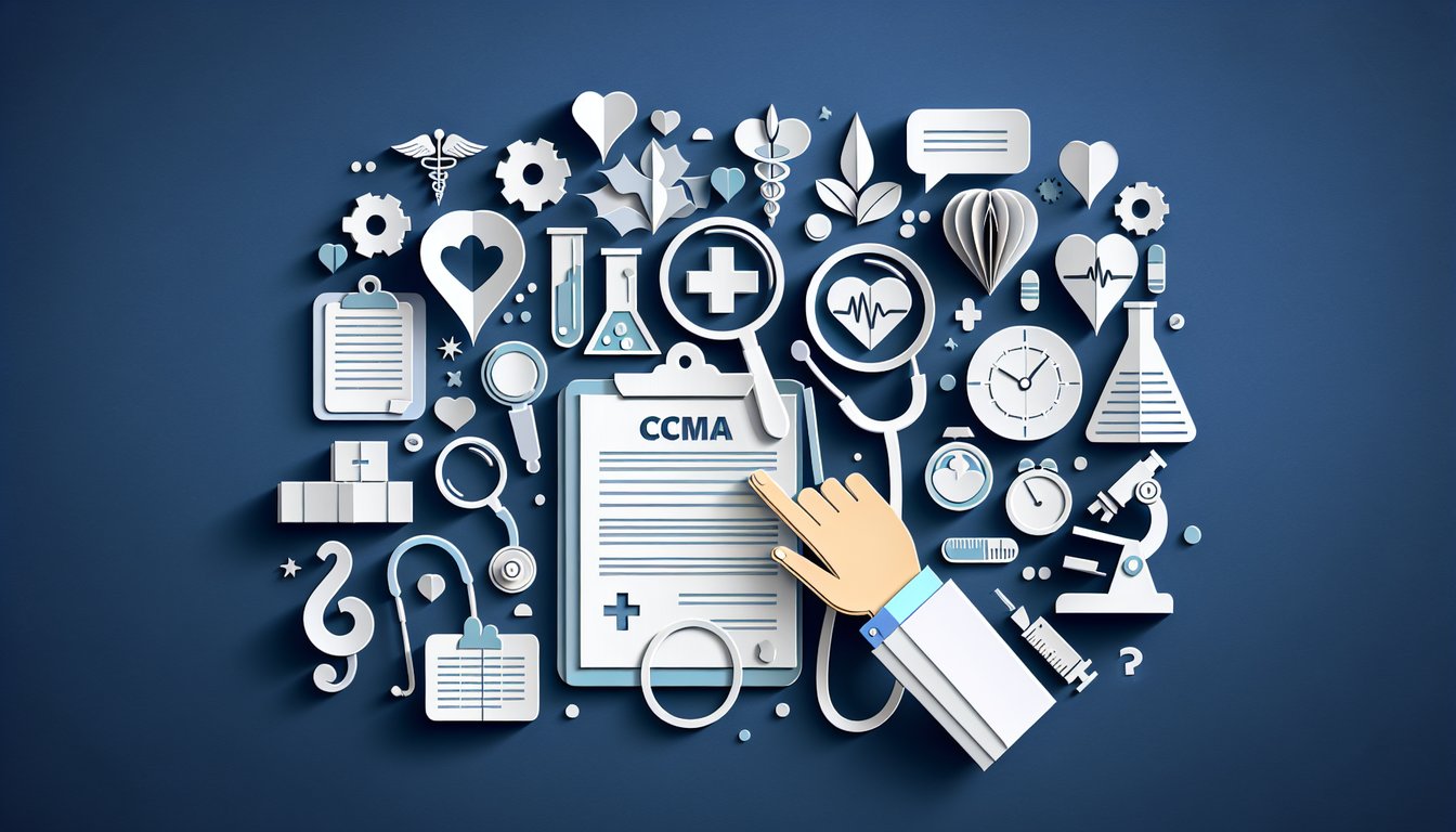 Colorful paper art promoting a CCMA exam practice challenge for medical assistant students.