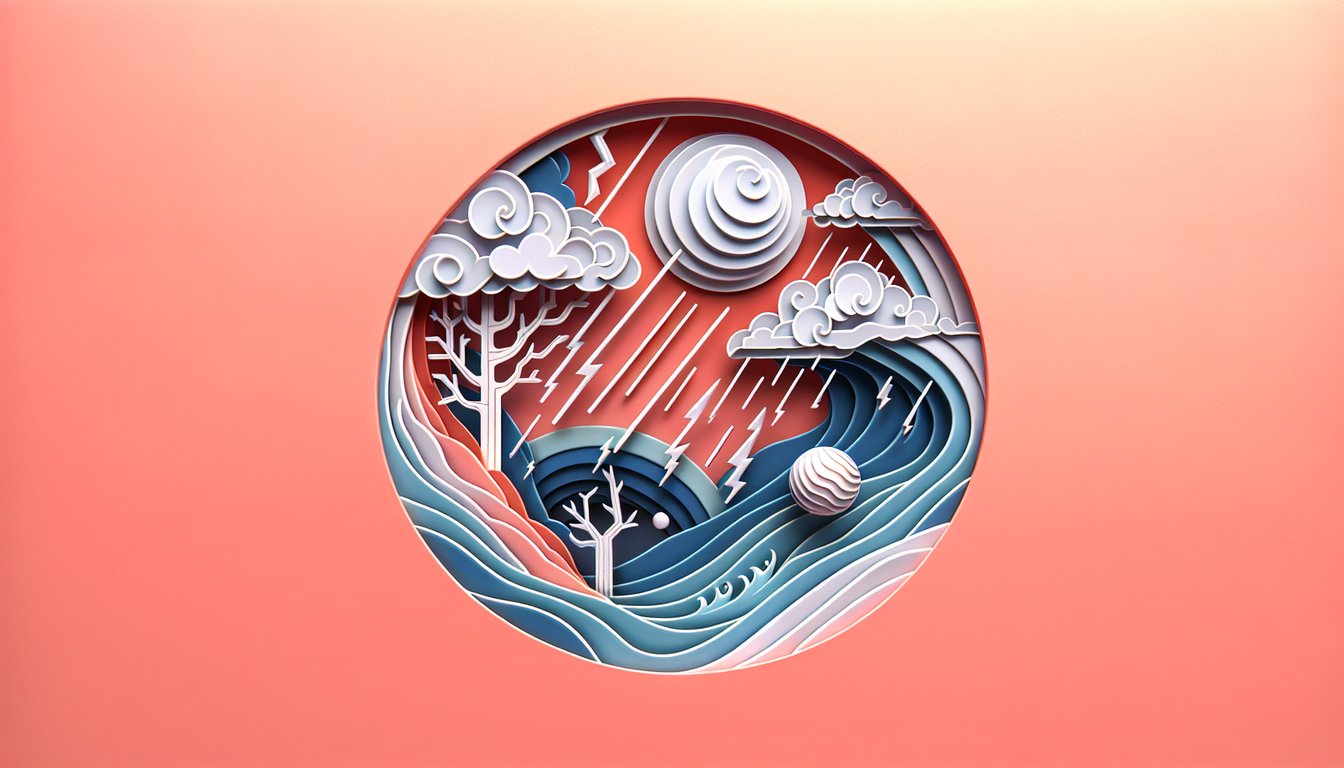 paper-cut style stacked stones balanced under rising arrow on coral background conveys growth and resilience theme