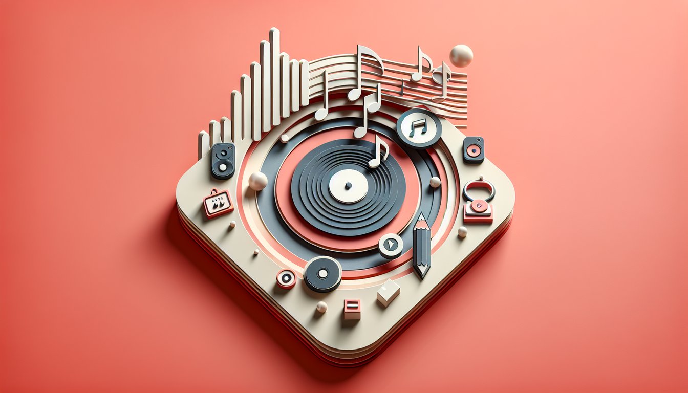 Paper art illustration features cut out musical notes, lyric quiz elements and title text on coral background
