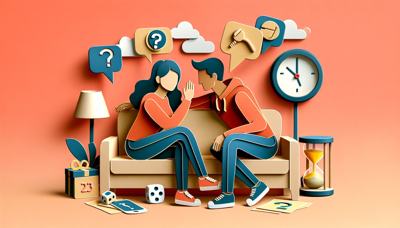 Two smiling paper art friends hold quiz cards with question marks on coral background celebrating friendship trivia