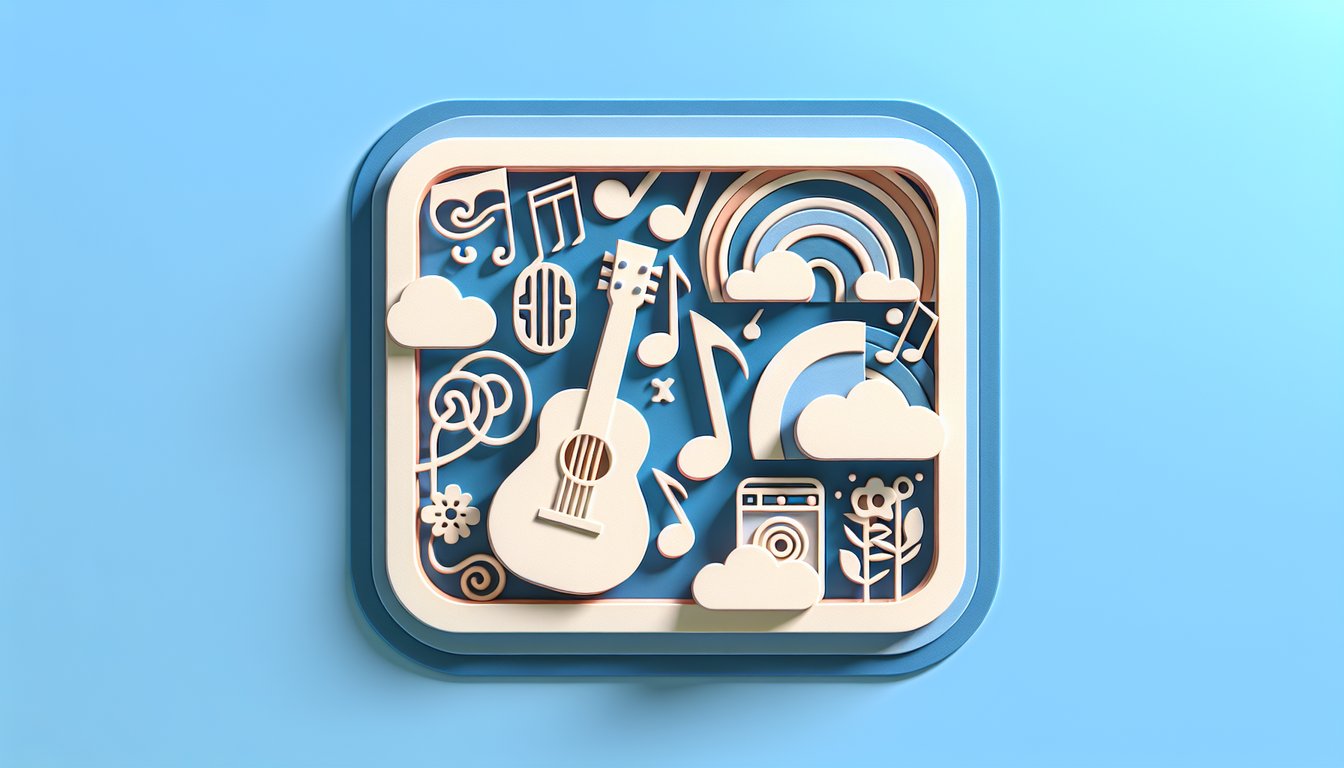 paper art collage of four stylized Beatles faces on sky blue background for a free Beatles personality quiz