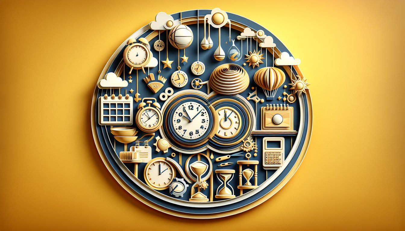 Paper art clocks calendar checklist on golden yellow background illustrating time management quiz productivity planning