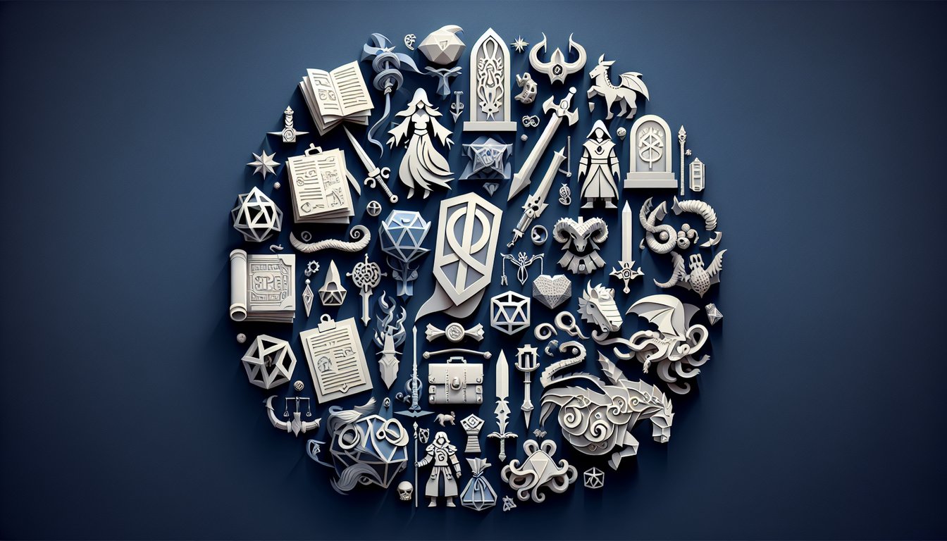 paper art dungeons and dragons quiz scene with class icons dice and scrolls on dark blue background.