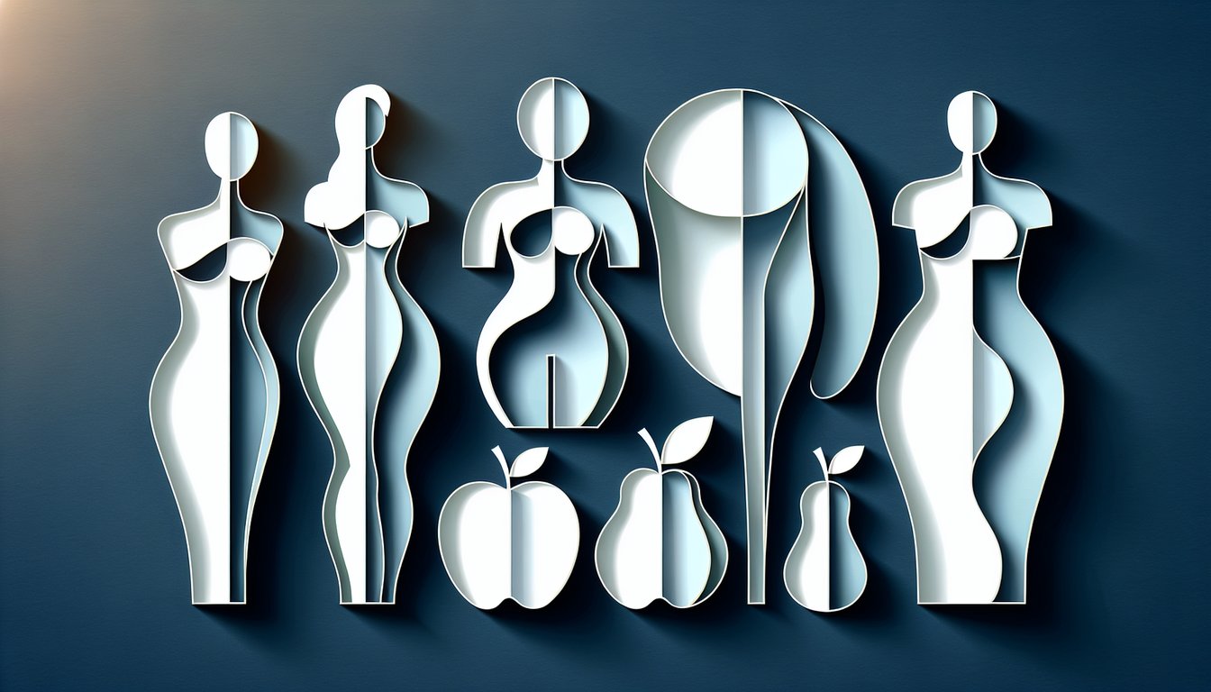 Paper art illustration for body shape quiz featuring pear, apple, hourglass, rectangle shapes on dark blue background