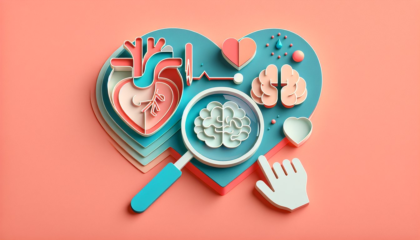 Paper art illustration for heart attack or anxiety quiz on a coral background
