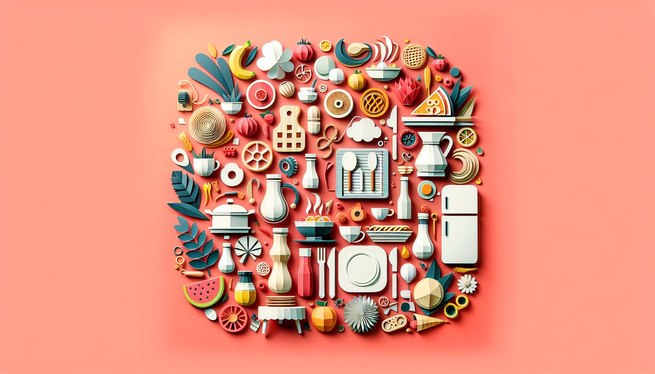 Paper art illustration for a favorite food quiz on a coral background.
