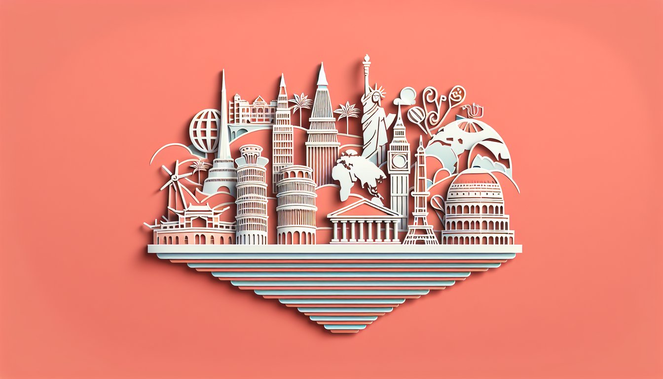 Paper art illustration of iconic world landmarks on coral background inviting quiz takers to test landmark trivia knowledge