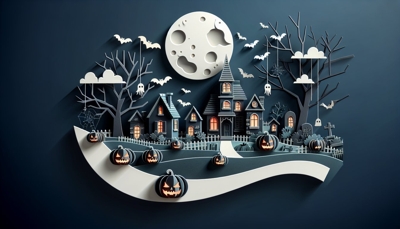 Paper art illustration of Nightmare Before Christmas characters Jack Skellington Sally Oogie Boogie on dark blue background