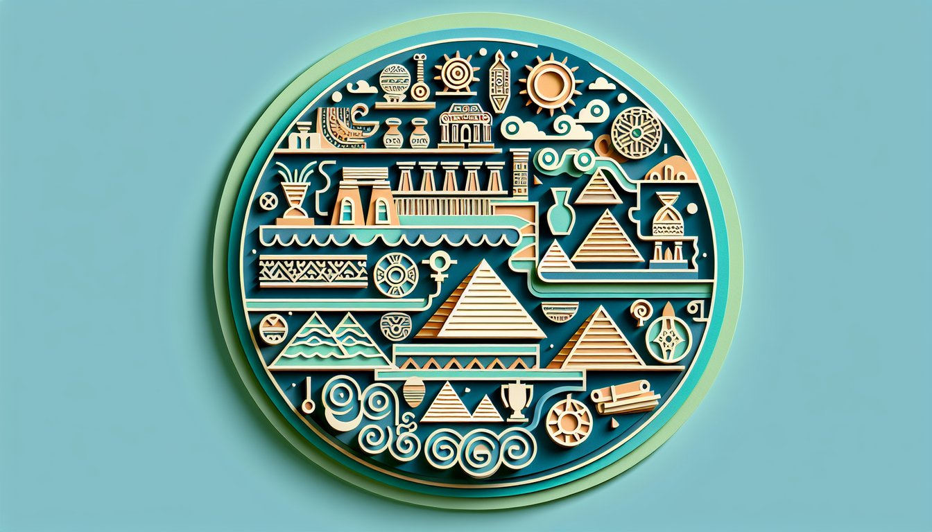 Paper art style ancient landmarks timeline icons on teal background for world history dates trivia quiz
