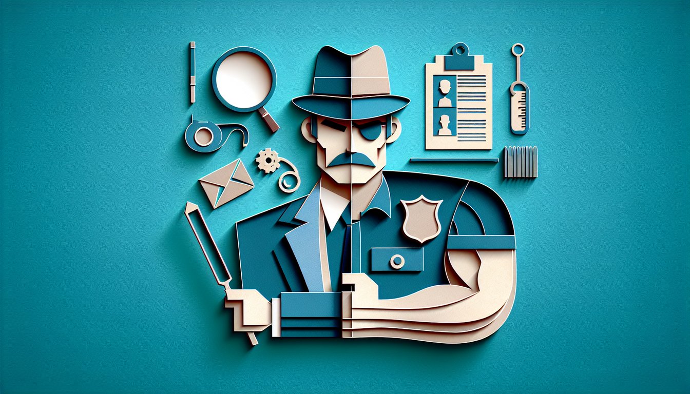 paper art collage with detective hat boxing glove on teal background for witty detective or tough enforcer quiz