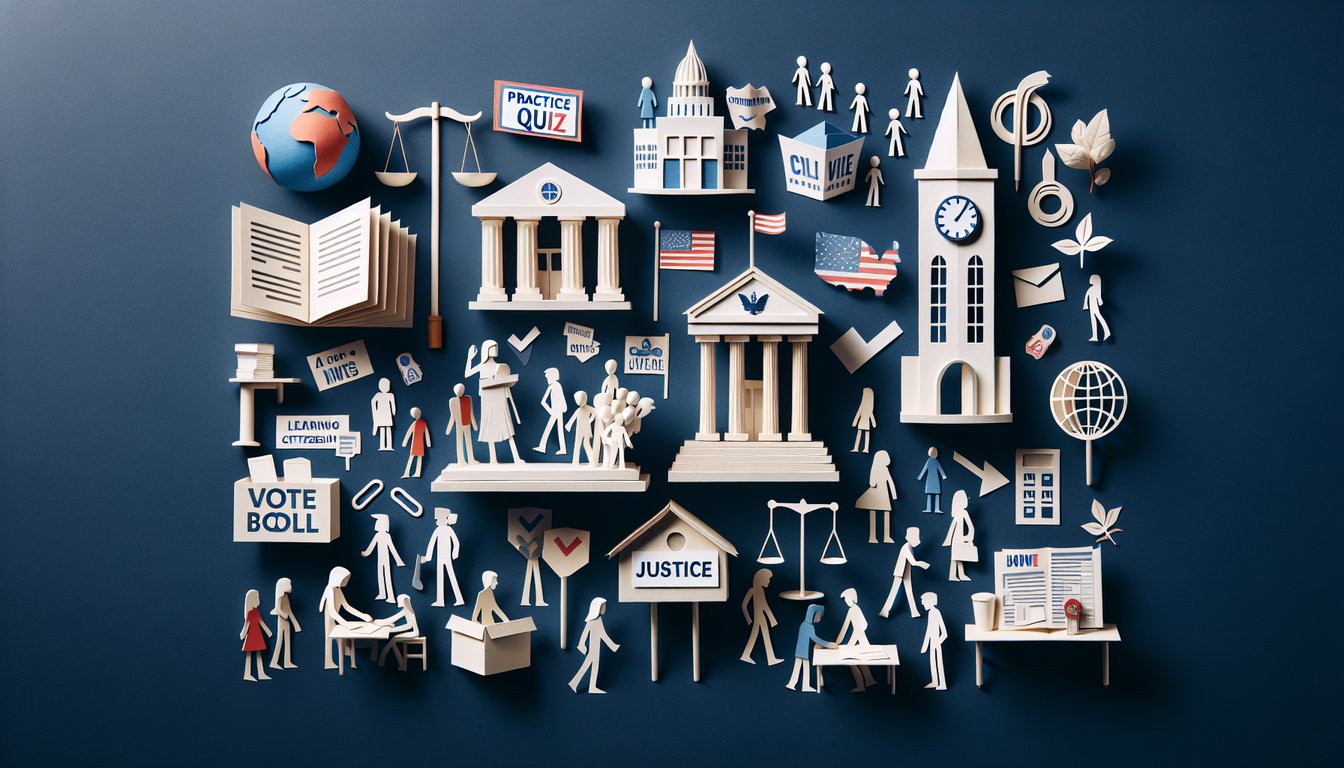 Colorful paper art promoting a Civics EOC practice quiz for high school students.