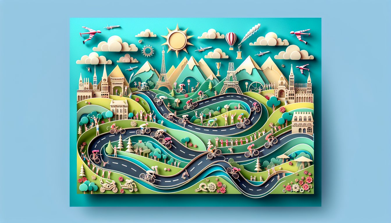Paper art cyclist pedaling past trophy and question marks on teal background for Tour de France trivia quiz