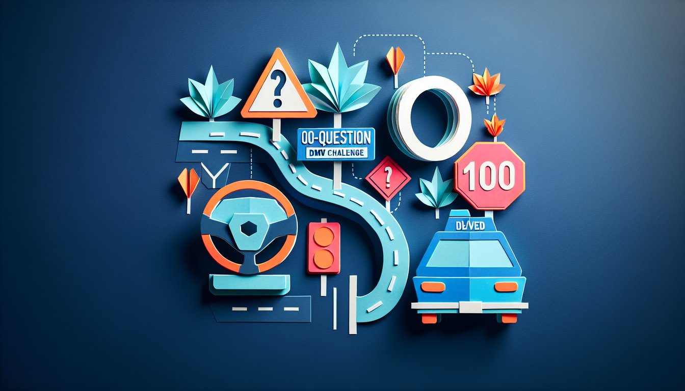 Colorful paper art promoting a 100-question DMV challenge trivia for high school-aged aspiring drivers.