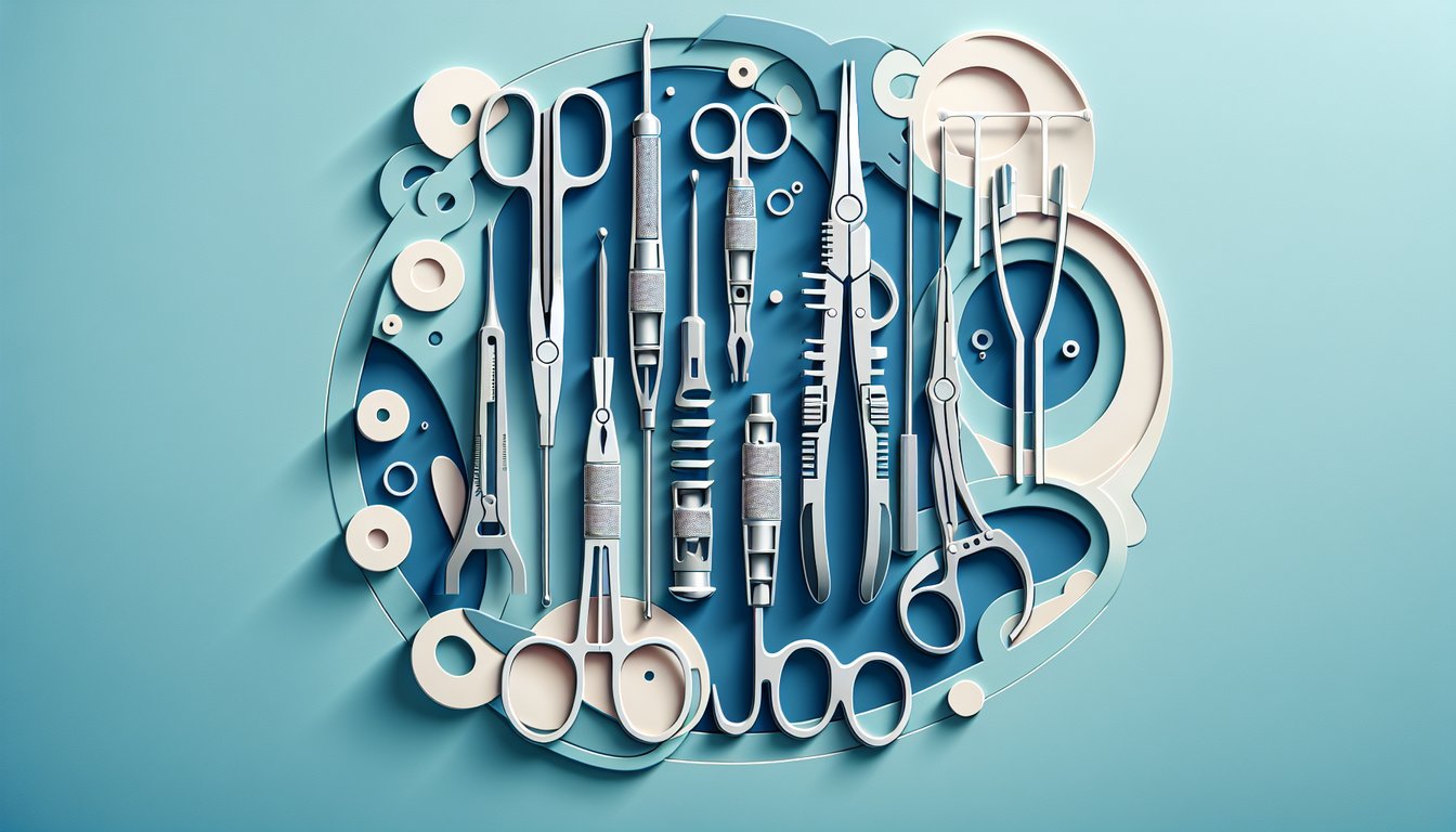 Paper art illustration of kerrison rongeur suction stylet surgical tools on sky blue background for quiz