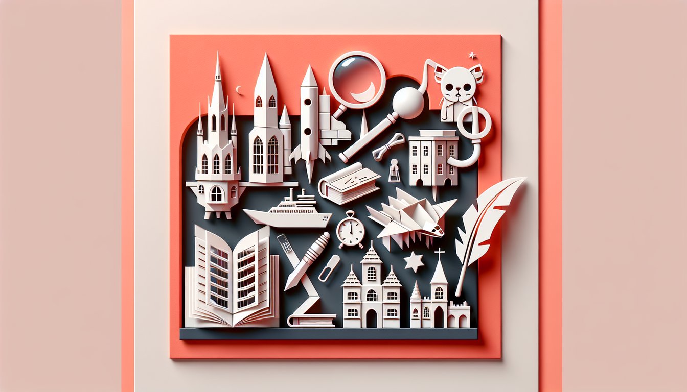 Paper art illustration of open book pages fanning out with quiz icons on coral background.