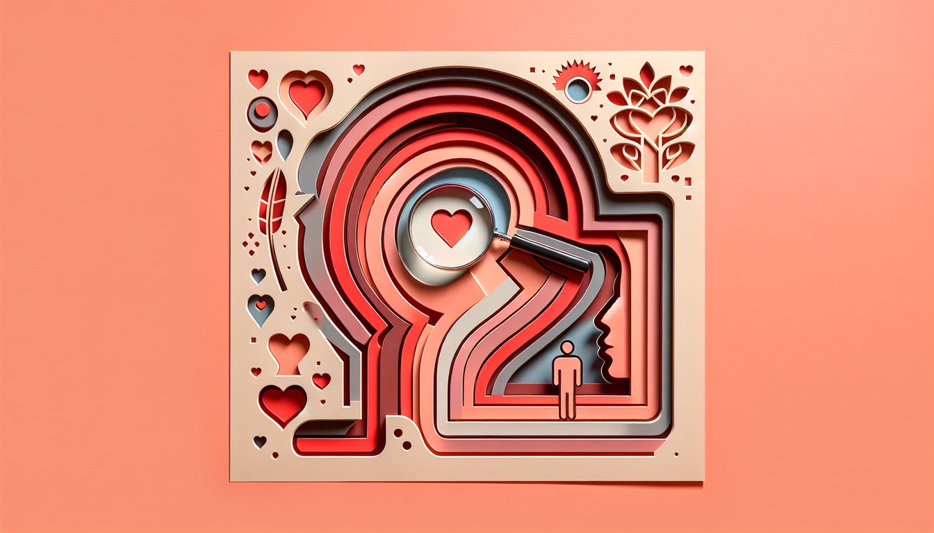 Paper art hearts layered with silhouettes and abstract shapes on a coral background for a crush style personality quiz