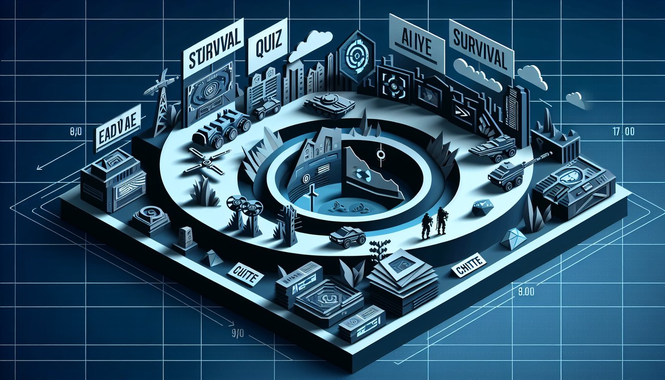 Paper art illustration of Hunger Games arena survival quiz with life or death challenges on dark blue background