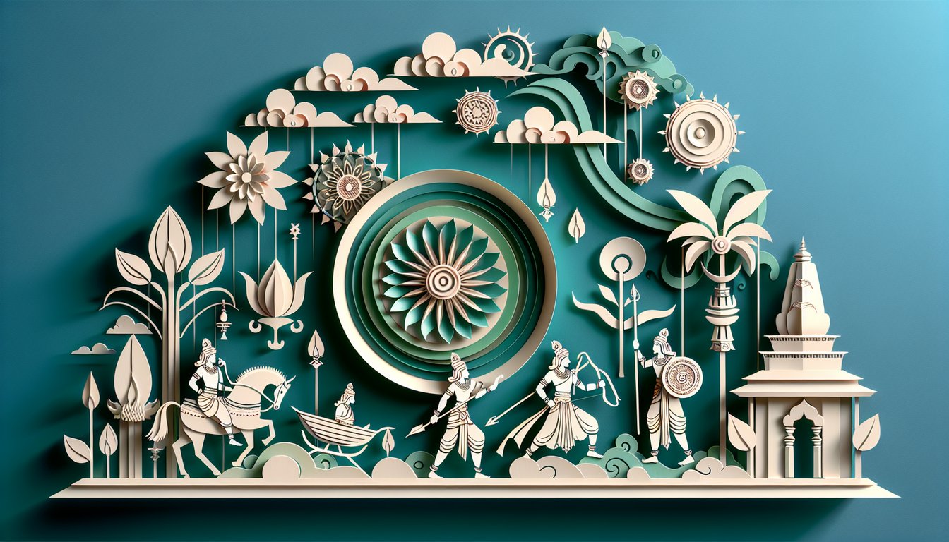 Paper art illustration for Ramayana quiz on teal background