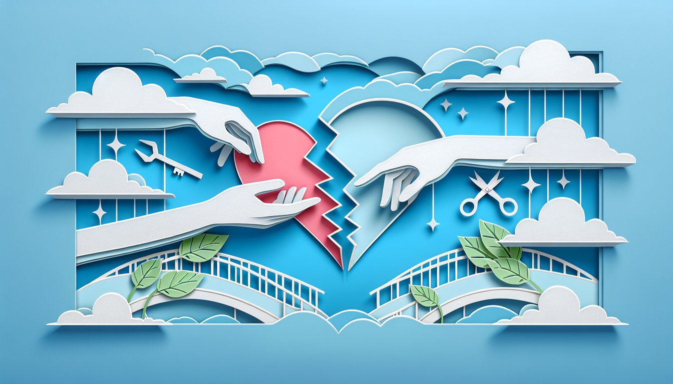 Paper art quiz illustration about giving him another chance to rebuild trust after infidelity on sky blue background
