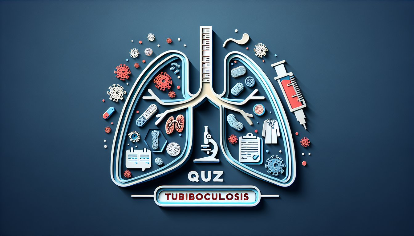 Paper art illustration showing tuberculosis quiz cards and bacteria shapes on dark-blue background