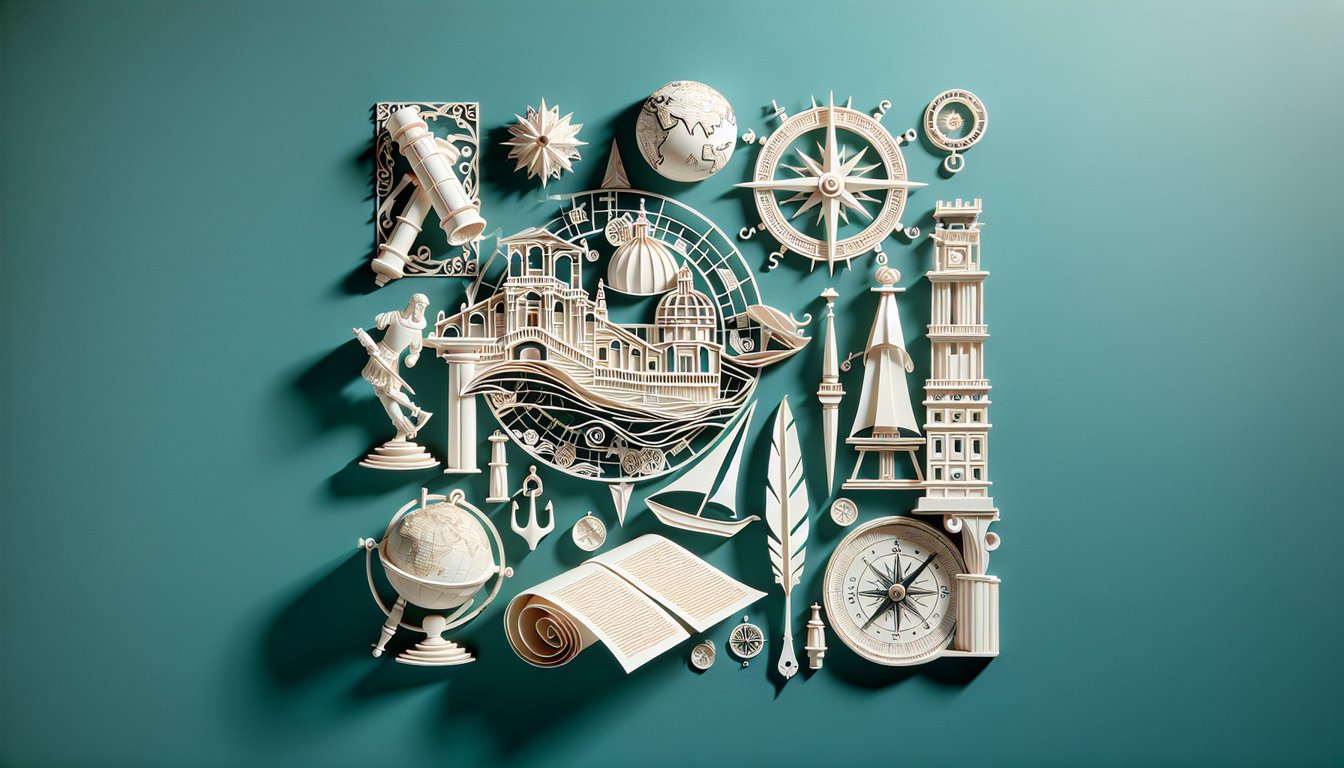 Paper art scene with quill, open book, Renaissance cityscape on teal background, quiz prompt testing Renaissance knowledge
