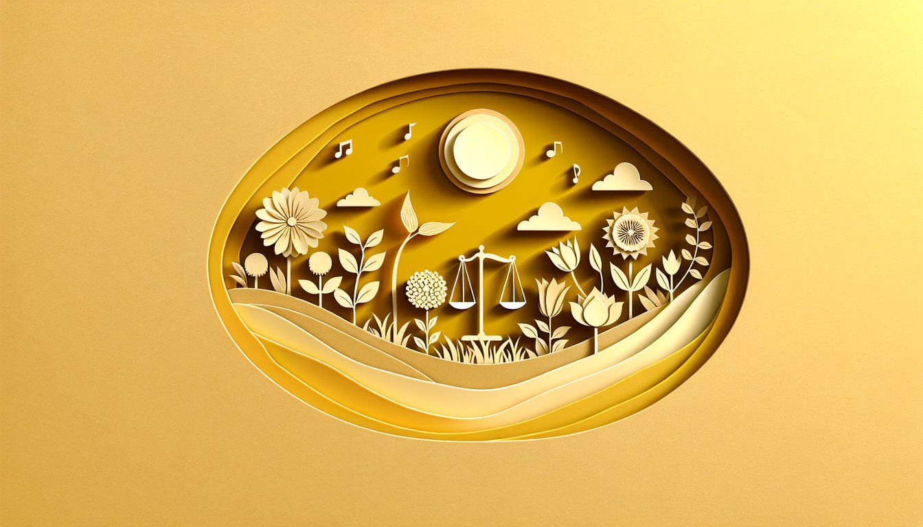 Paper art colorful flowers and quiz icons on golden yellow background for emotional balance Bach flower remedy questionnaire
