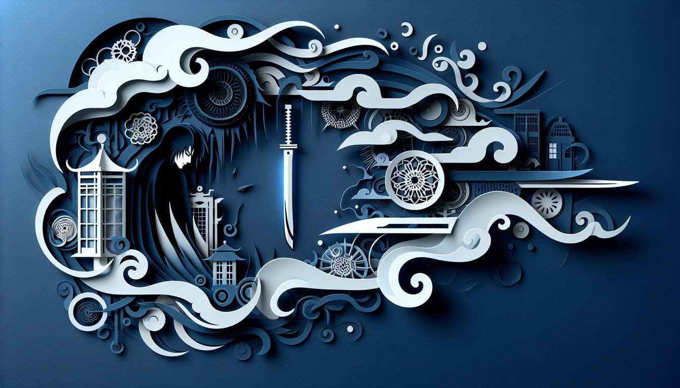 Paper art illustration for Zanpakuto Name Generator quiz on dark blue background