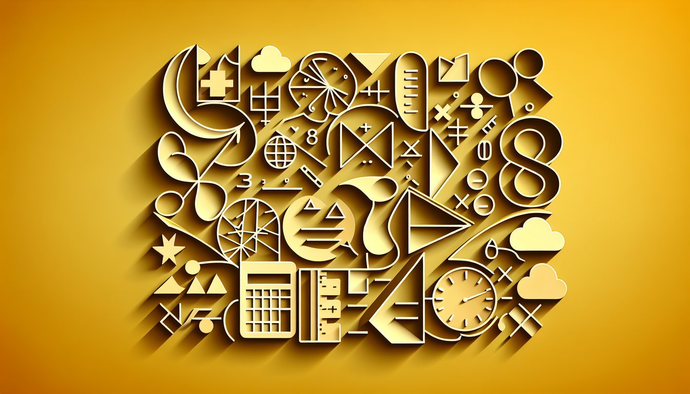 Paper art illustration quiz scene with algebra symbols numbers and a question mark on golden yellow background