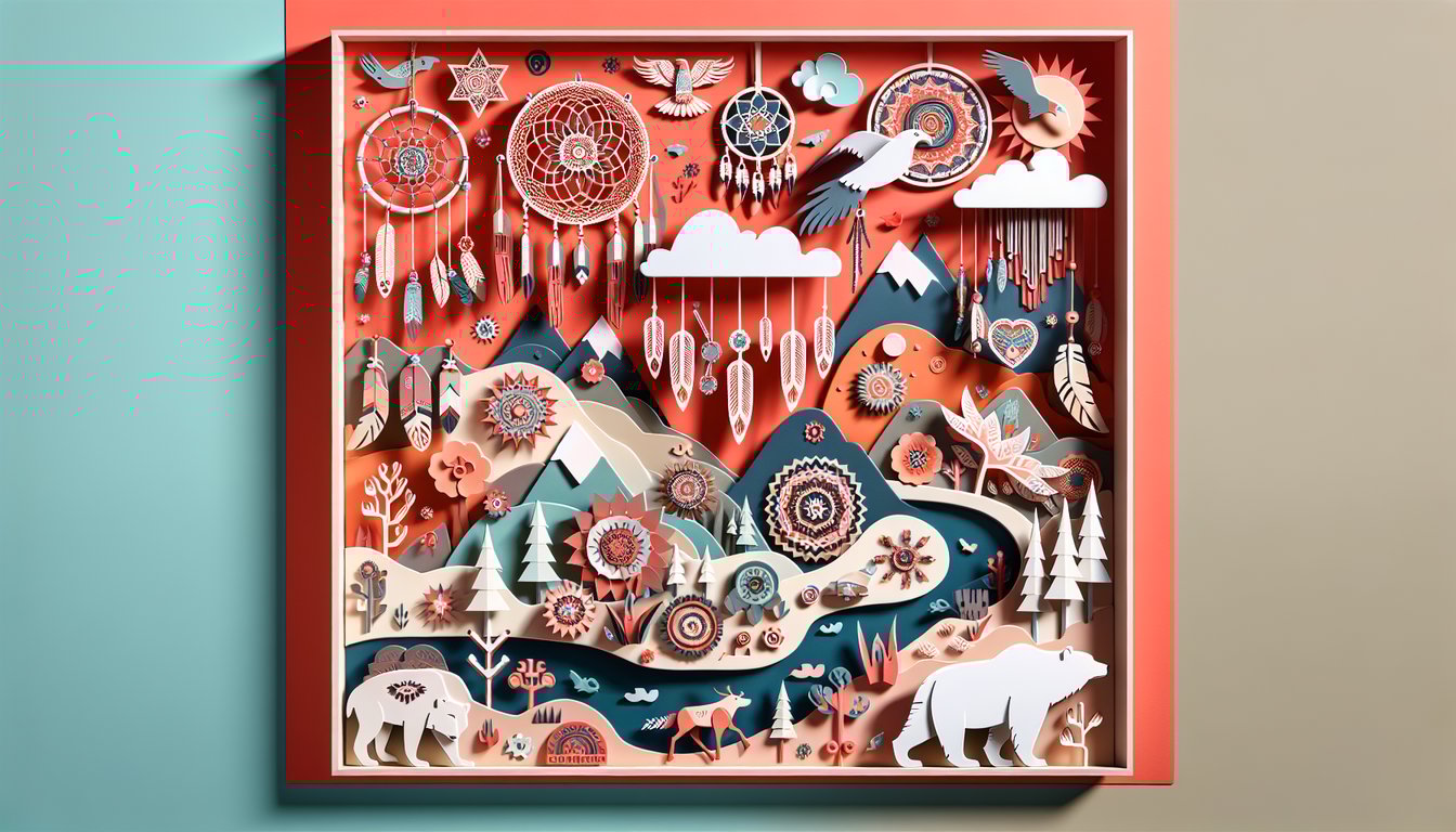 Paper art illustration for a personality quiz to discover your Native American name on a coral background