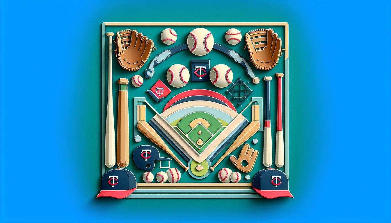 Paper art illustration of baseball bat glove ball scoreboard Minnesota Twins free trivia quiz on teal background