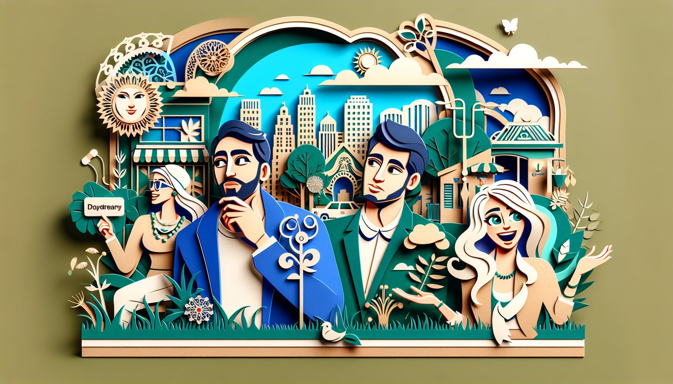 Paper art illustration of playful quiz concept, floating paper figures and question marks on teal background