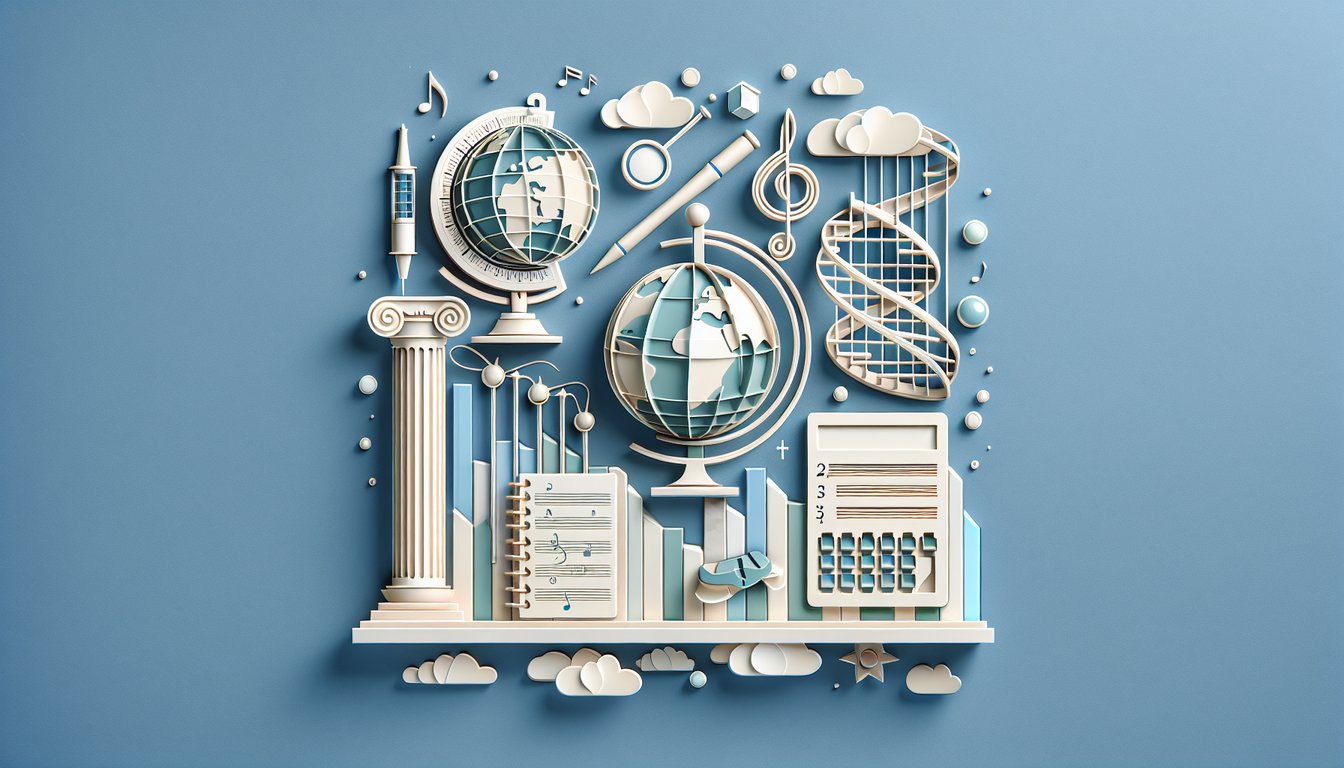 Paper art illustration showing general knowledge quiz theme with question marks pencils lightbulb on sky blue background