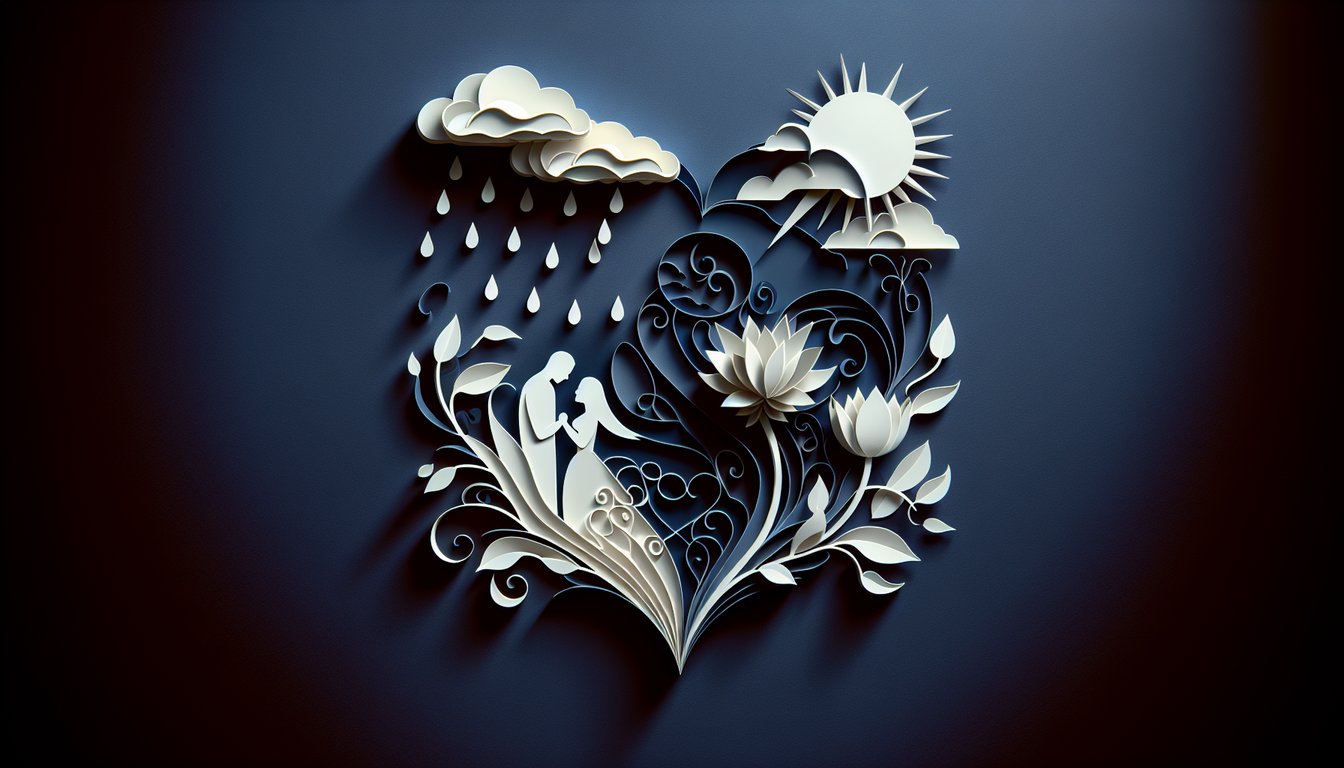 Paper art illustration for unhappy marriage quiz on a dark blue background