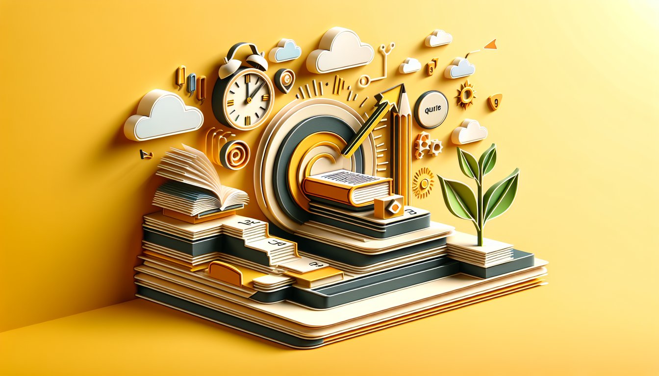 Paper art books pens and speech bubbles on golden yellow background promoting free scored class 9 gap filling grammar quiz.