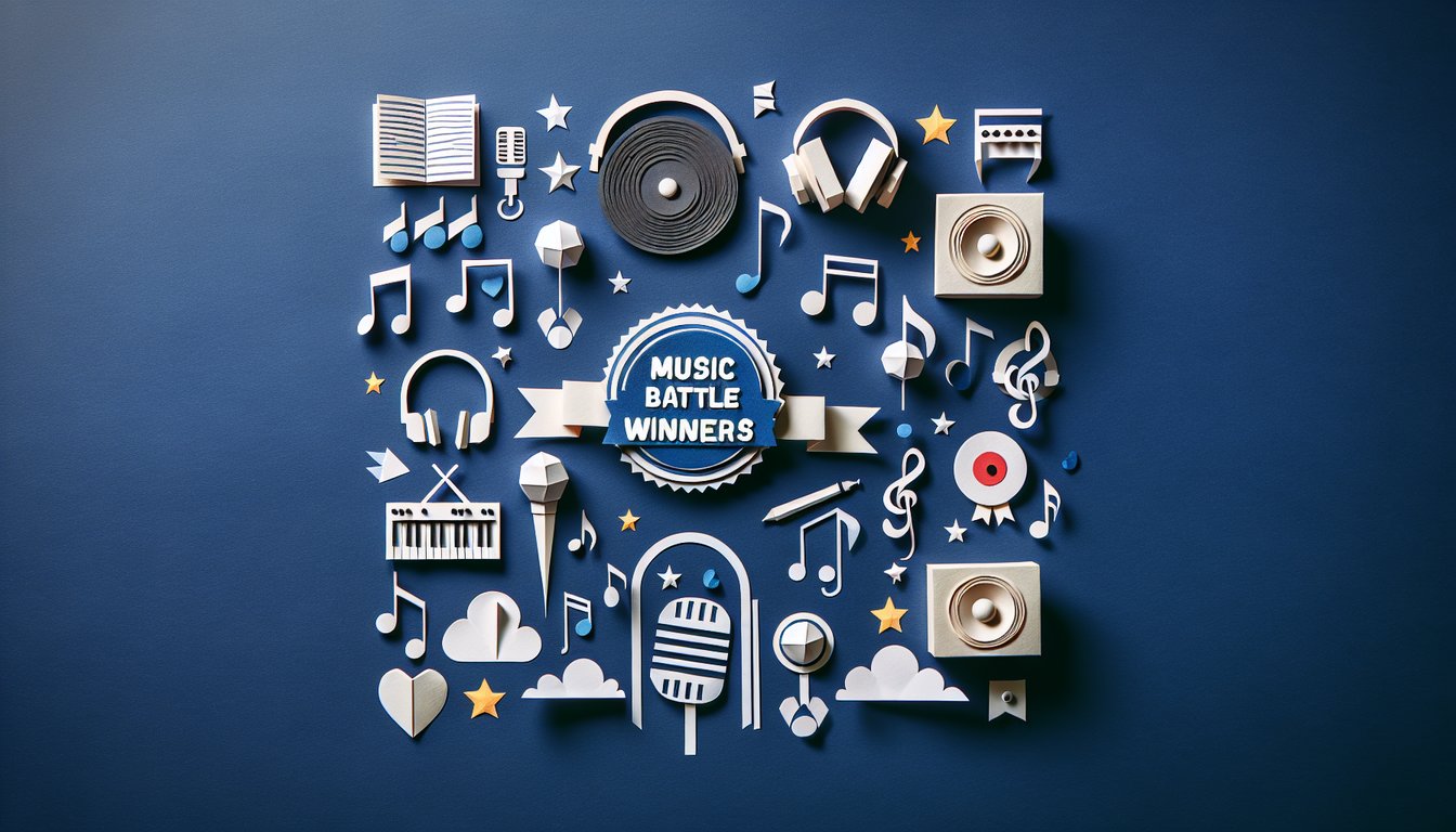 Colorful paper art depicting musical notes and trophies for Music Battle Winners Trivia Quiz