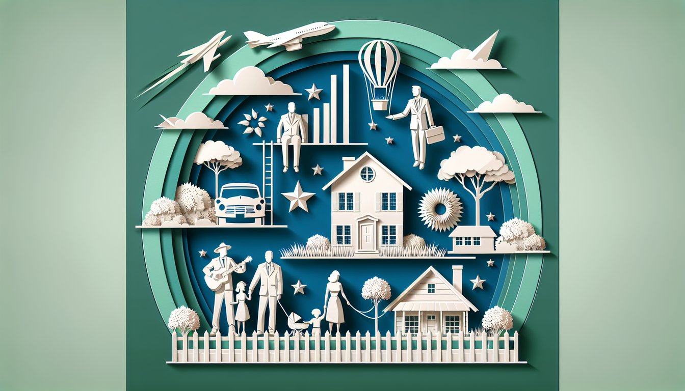 Paper cut art illustrating American Dream symbols flag stars city skyline rising arrow on teal background