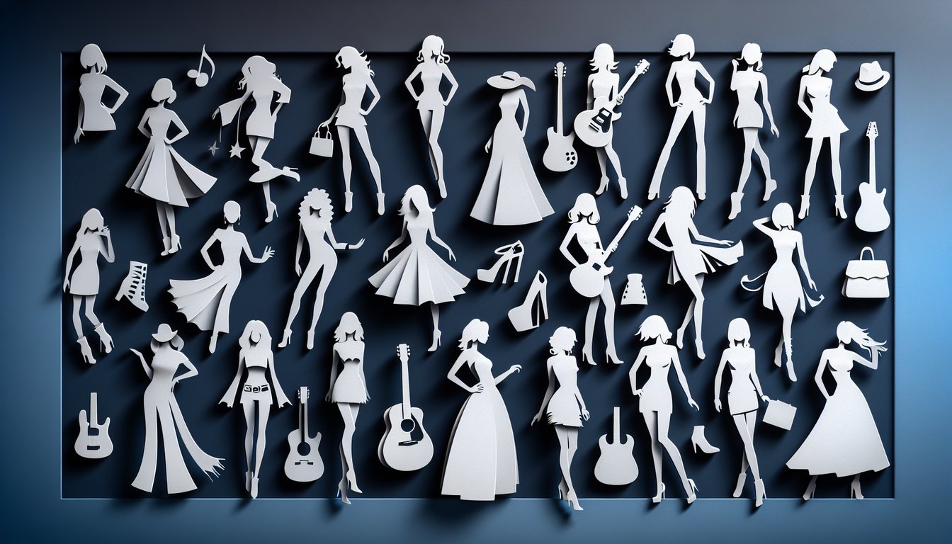 Paper art illustration for a quiz to find out your matching female celebrity based on style and personality on dark blue background.
