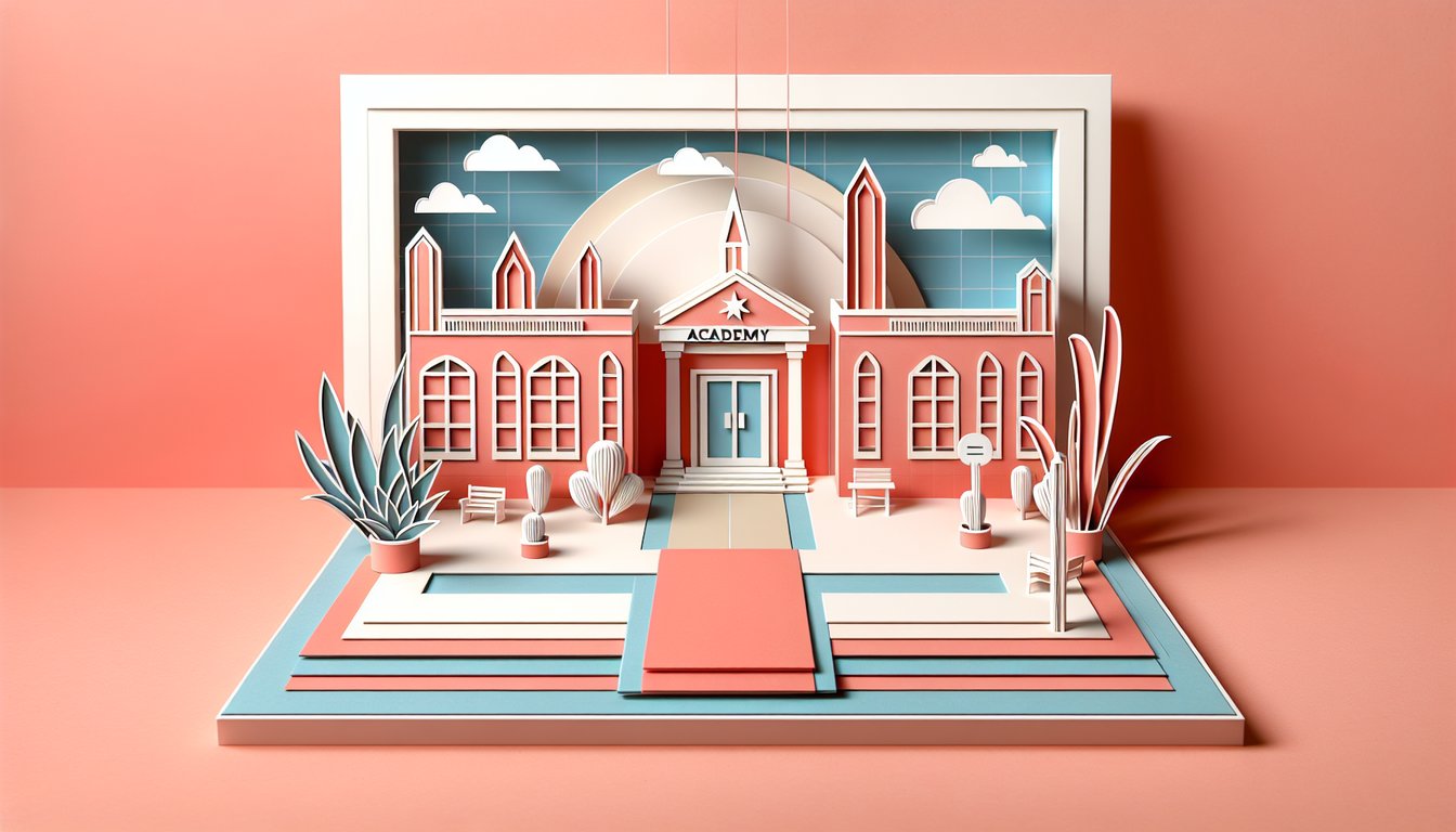 Paper art illustration featuring greenhouse academy characters on a coral background promoting a free personality quiz