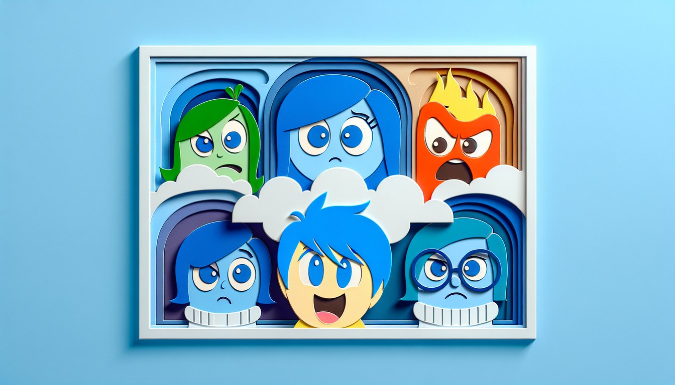 Paper art illustration for Inside Out personality test quiz features colorful layered emotion icons on sky blue background