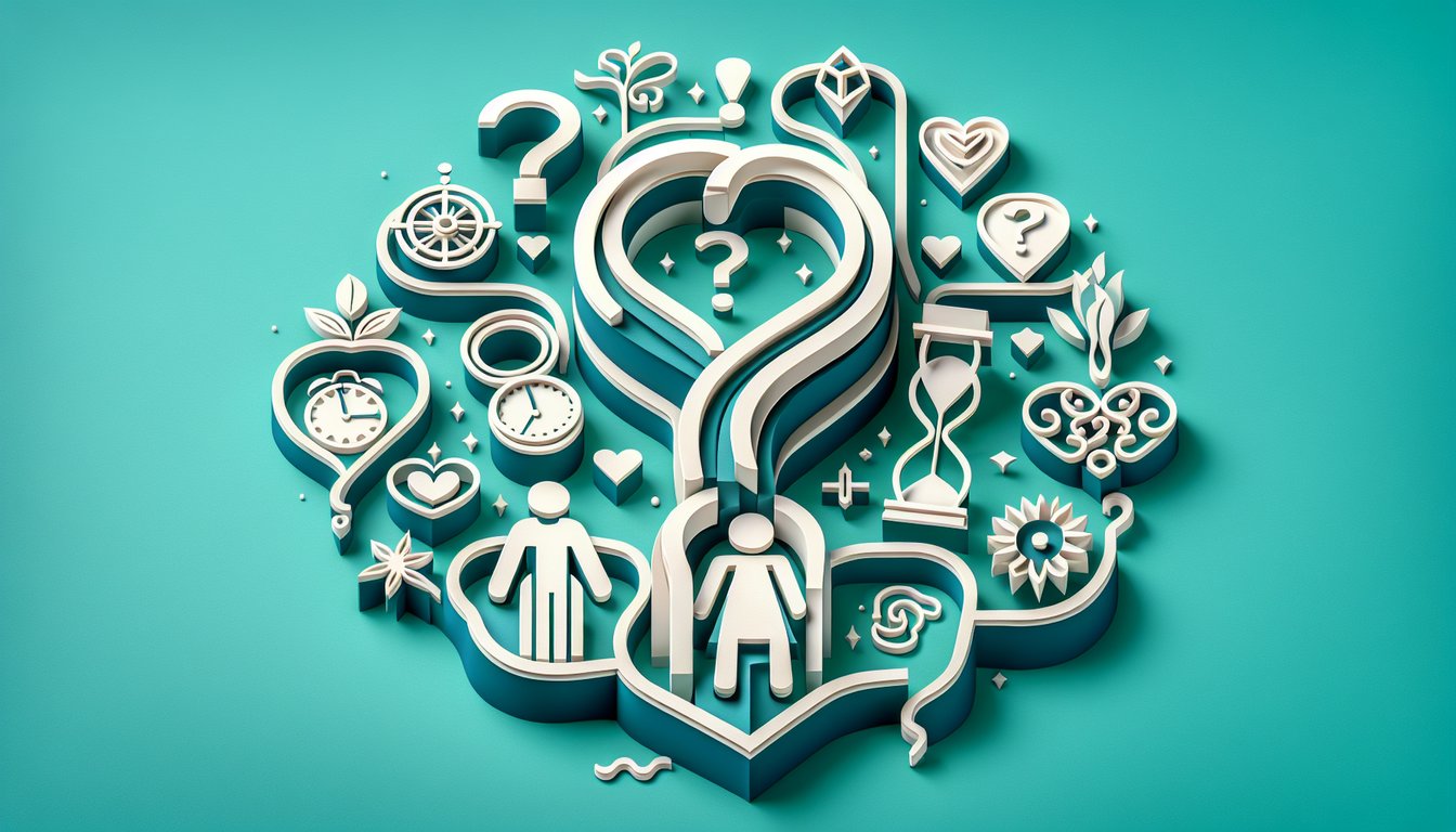 Paper art quiz card on teal background with scattered hearts question marks and a couple silhouette
