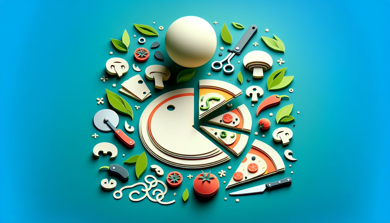 paper art pizza quiz with trivia icons pizza slices dough toppings utensils on teal background