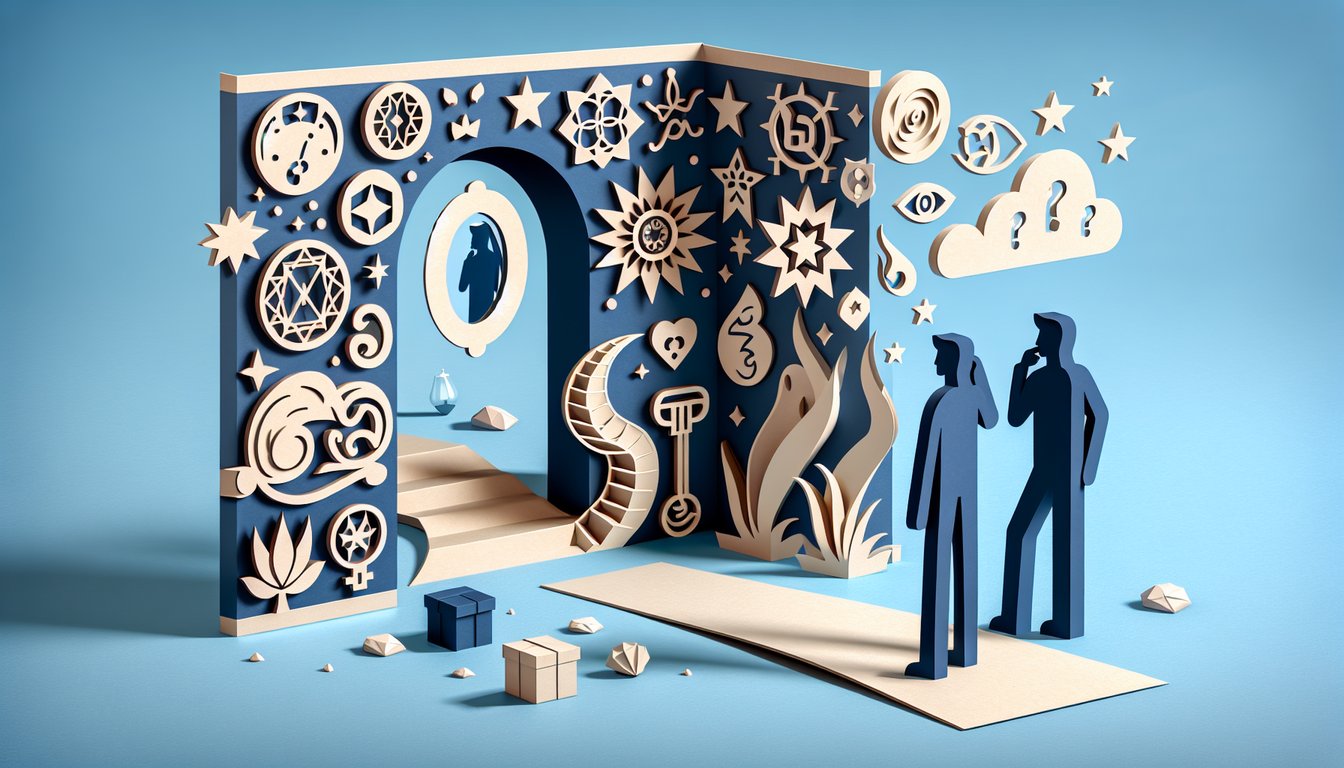 Paper art illustration showing abstract spirit figures swirling on sky blue background for free TMA entity quiz