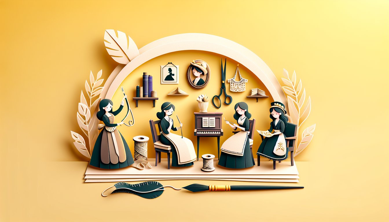 paper art illustration of four March sister silhouettes on golden yellow background for personality quiz