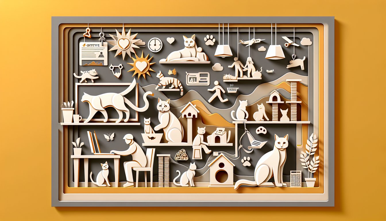 Paper art illustration for cat compatibility quiz on a golden yellow background