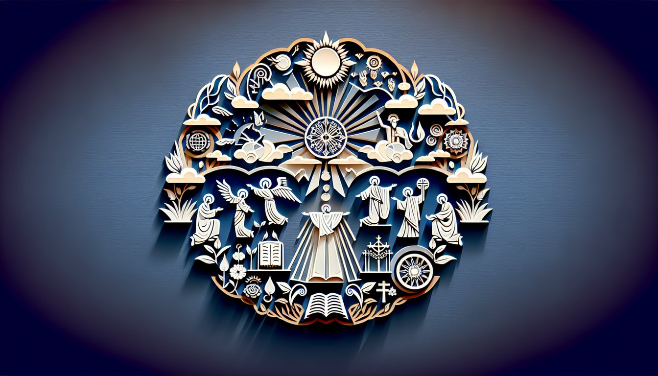 Paper art cross open Bible question mark on dark blue background for faith quiz