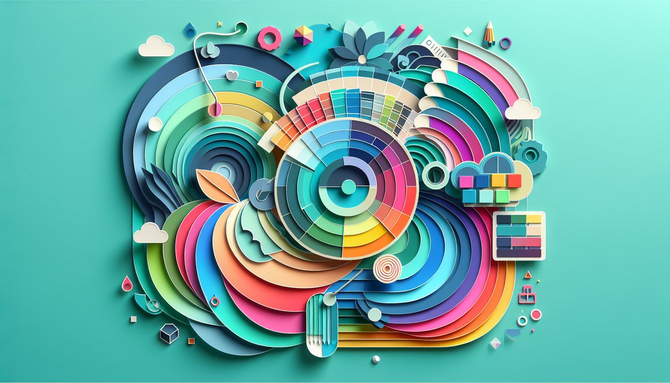paper art illustration with paintbrush, color swatches, mixing shapes on teal background for color mixing quiz