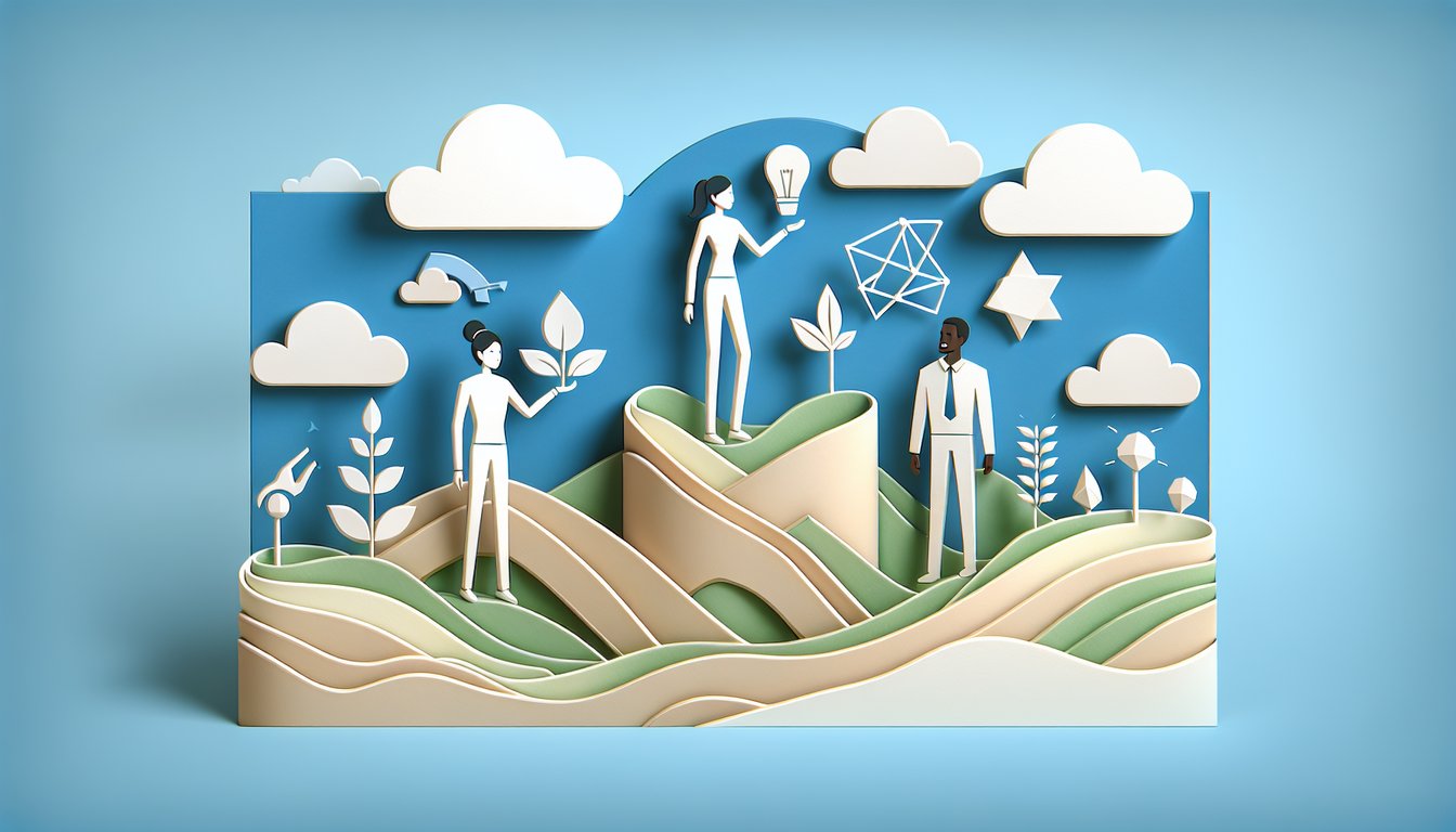 Paper art scene of three figures fitting puzzle pieces for communication teamwork leadership on blue background