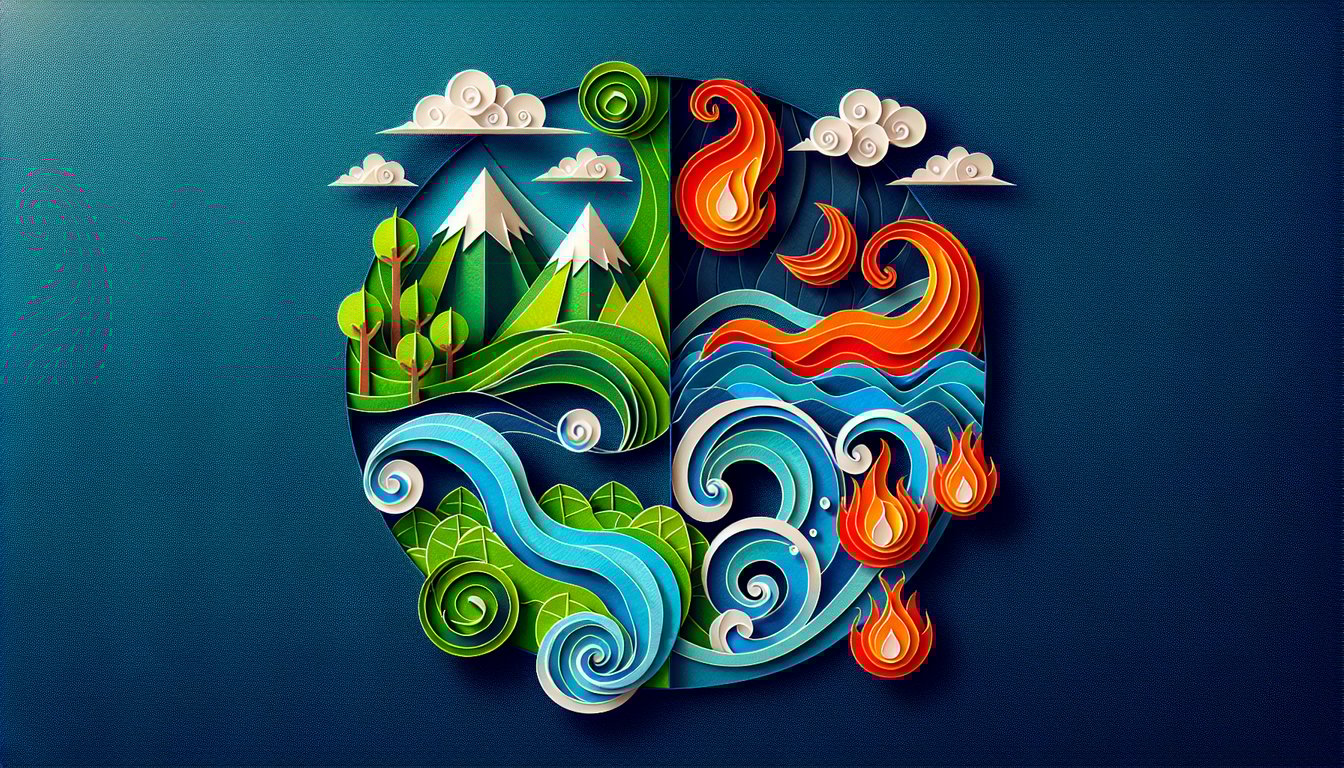 Colorful paper art representing earth, water, fire, air for a Four Elements Principles Quiz.