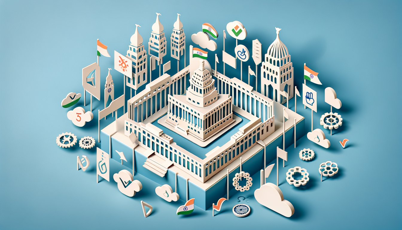 Paper art quiz illustration for Indian politics trivia with party symbols leaders and question marks on sky blue background